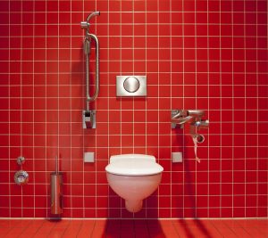 Toilette en carrelage rouge